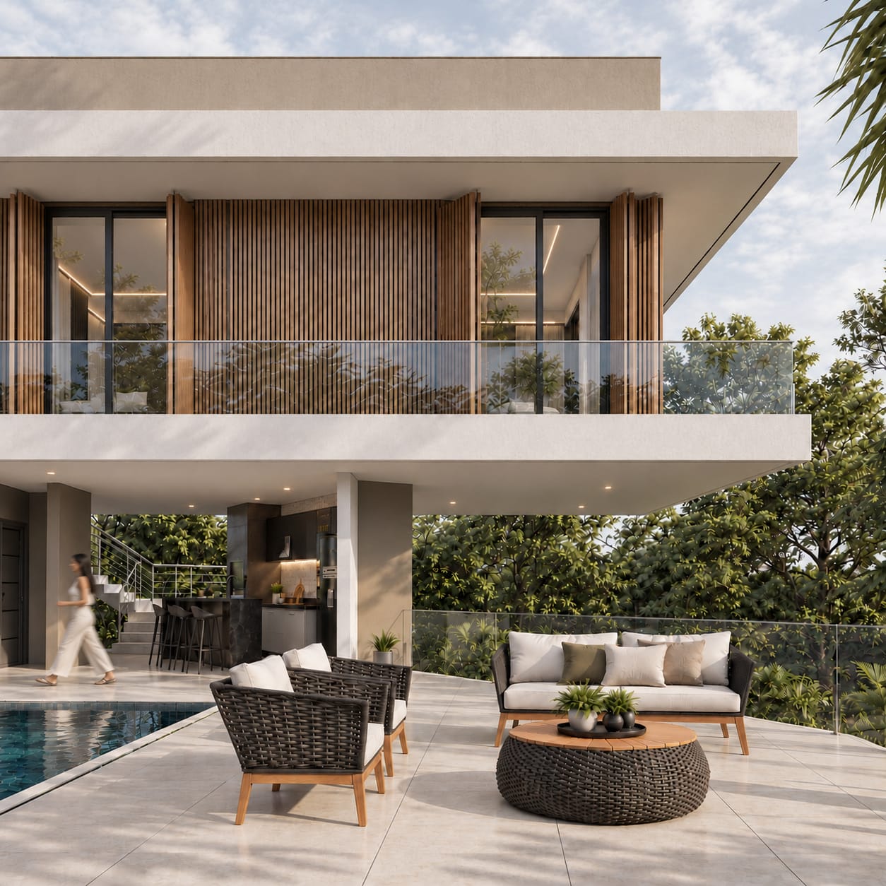 Pátio externo com a piscina