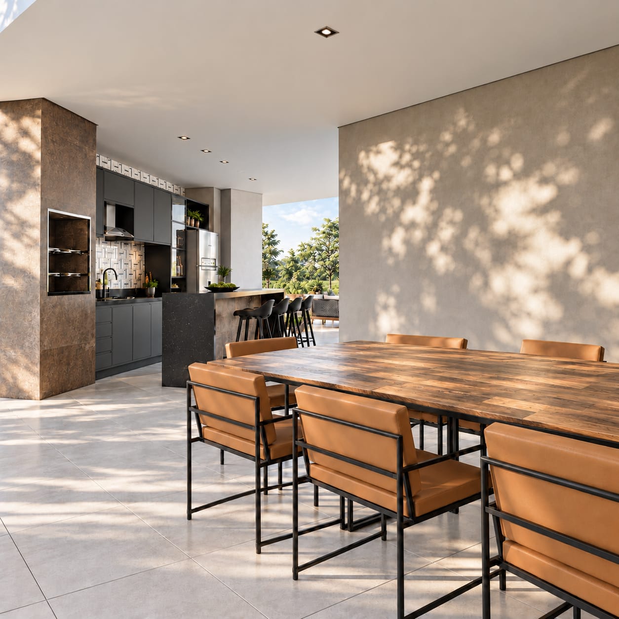 Espaço gourmet integrado à área da piscina