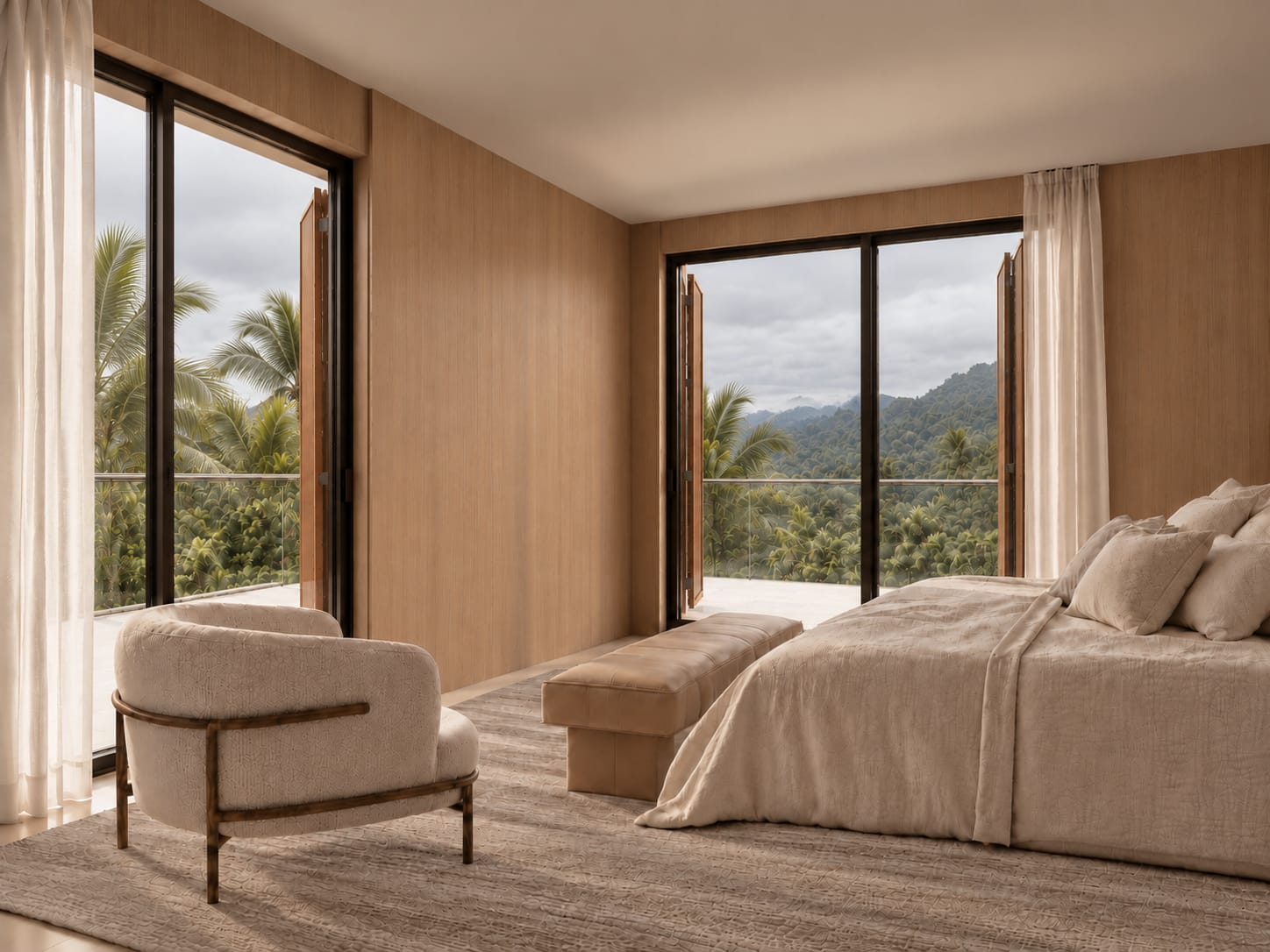 Suíte com cama baixa, painéis de madeira e janelas para a mata